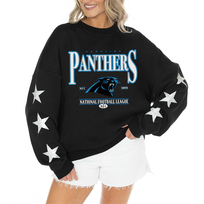 Women's Carolina Panthers Gameday Couture Black Rhinestone Star Sleeve Settle the Score Oversized Tri-Blend Pullover(Run Small)